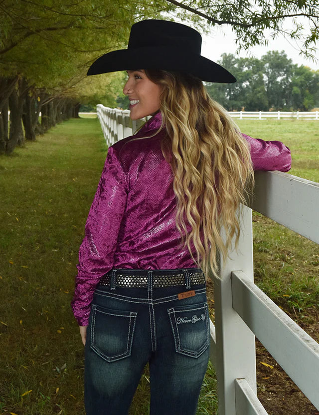 Cowgirl Tuff Pullover Button Up Shiny Jazzberry Snakeskin Shirt