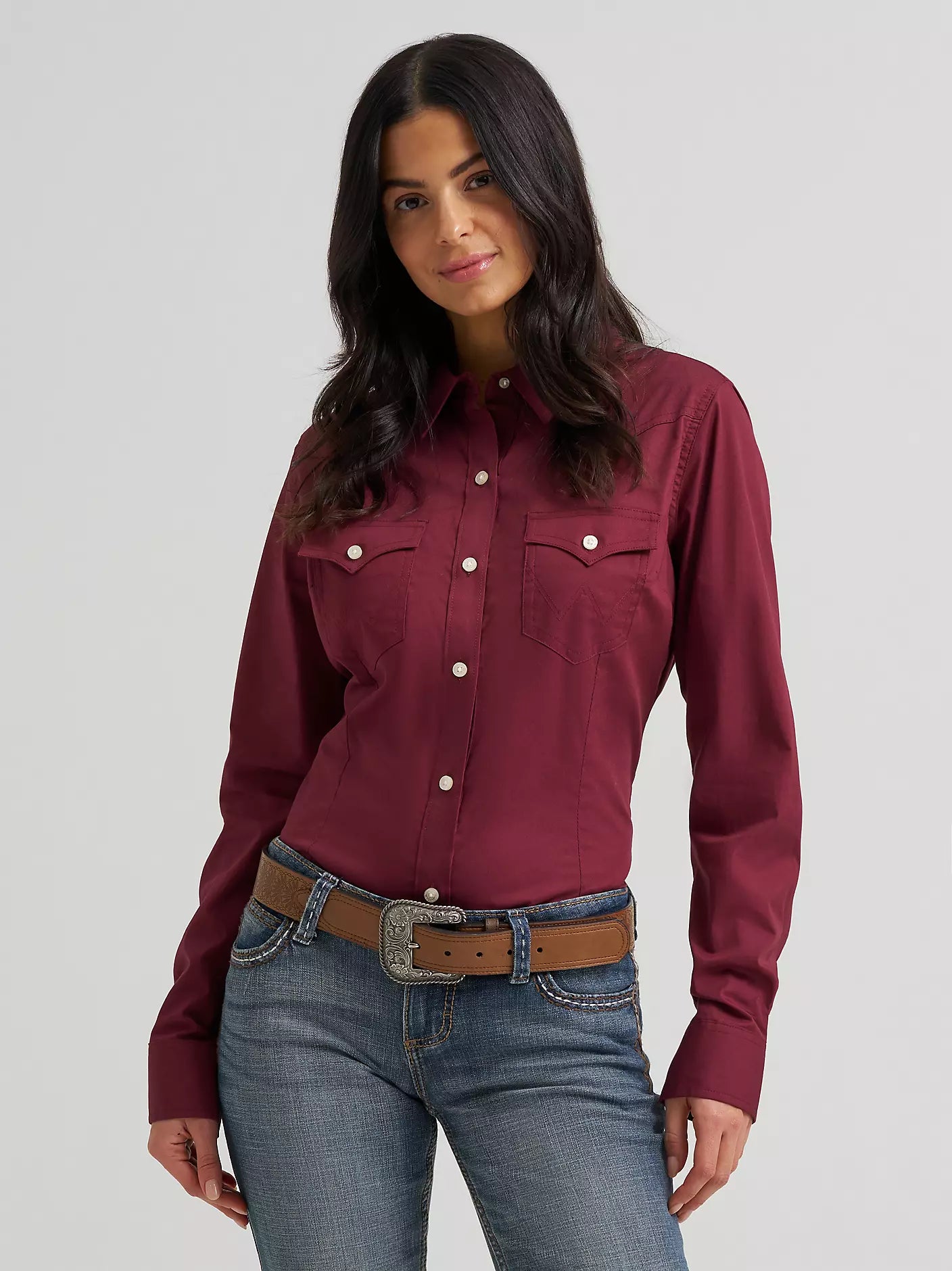 Wrangler Ladies Long Sleeve Button Up- Wine