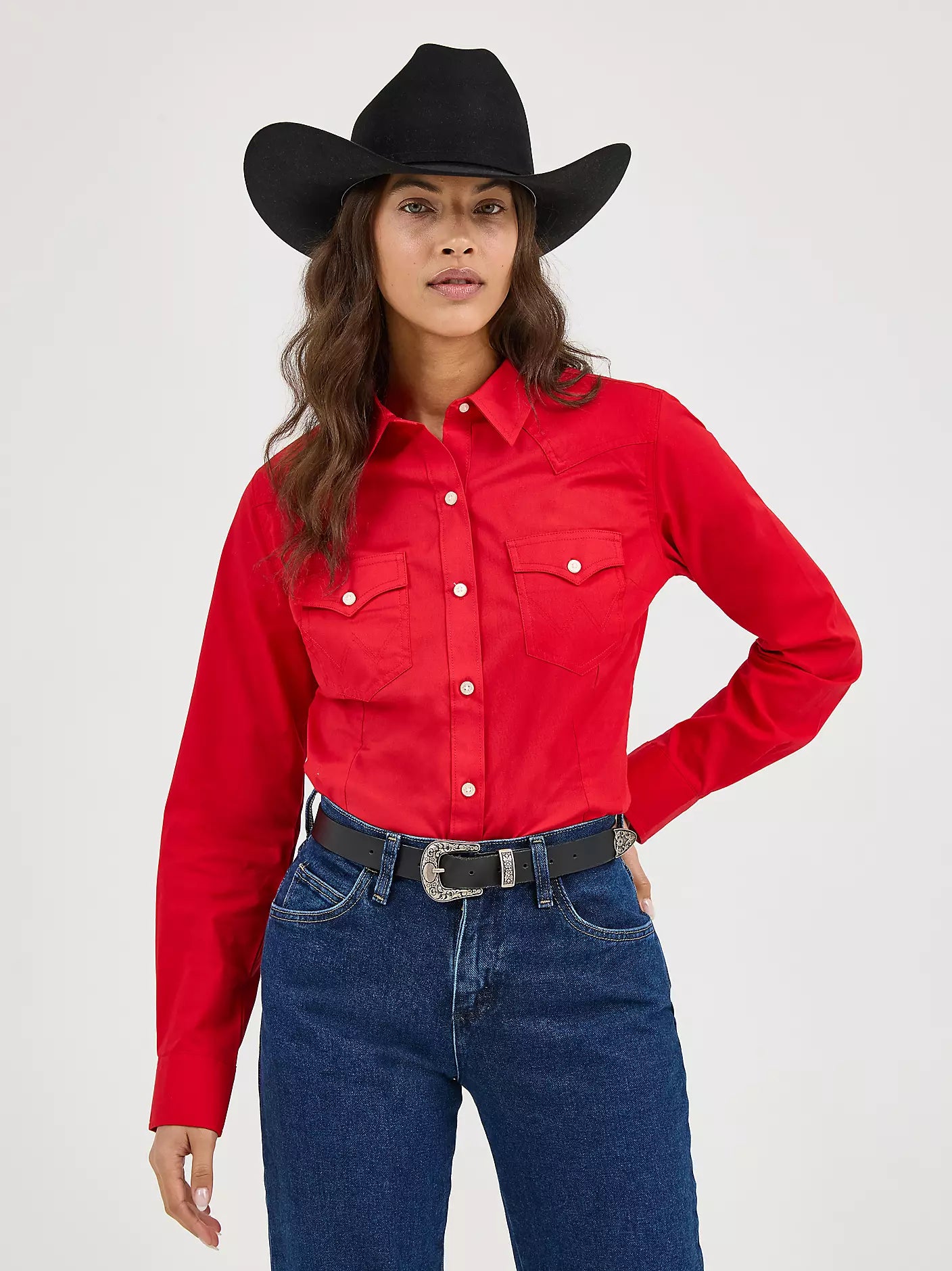Wrangler Ladies Long Sleeve Button Up- Red