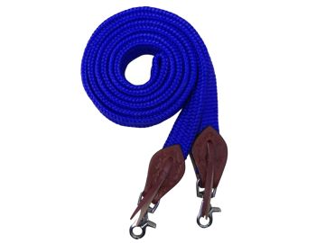 Rênes plates en polyester de 2,4 m pour lasso/baril, avec extrémités à mousqueton et sangles en cuir pour retenir la salive.
