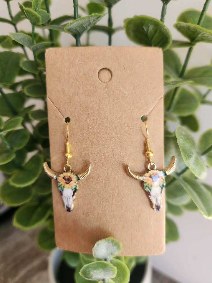 Bull Skull Earrings- Sunflower