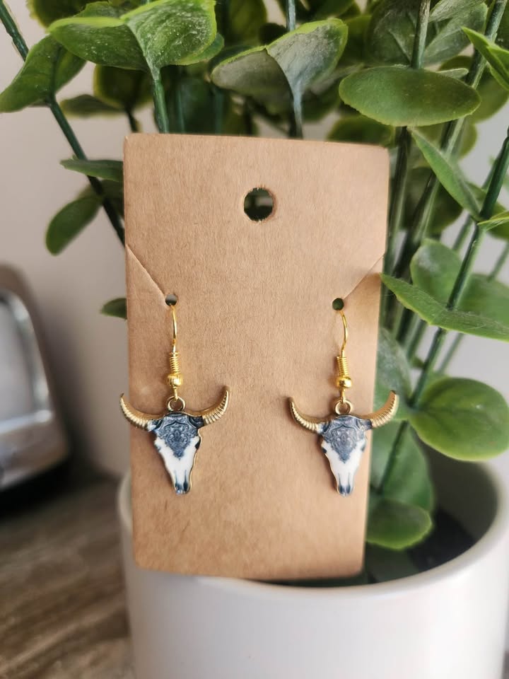 Bull Skull Earrings- Black Lace