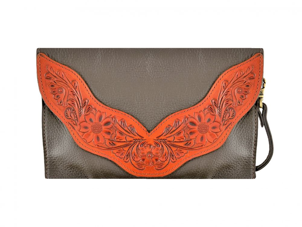 Klassy Cowgirl Leather Crossbody Bag w/Medium Oil Floral Tooled Accents