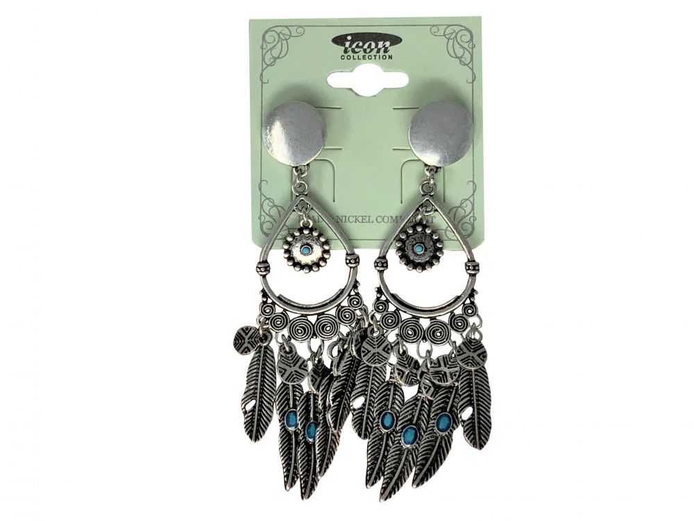 Teardrop Earrings w/Feather & Teal Bead Accents