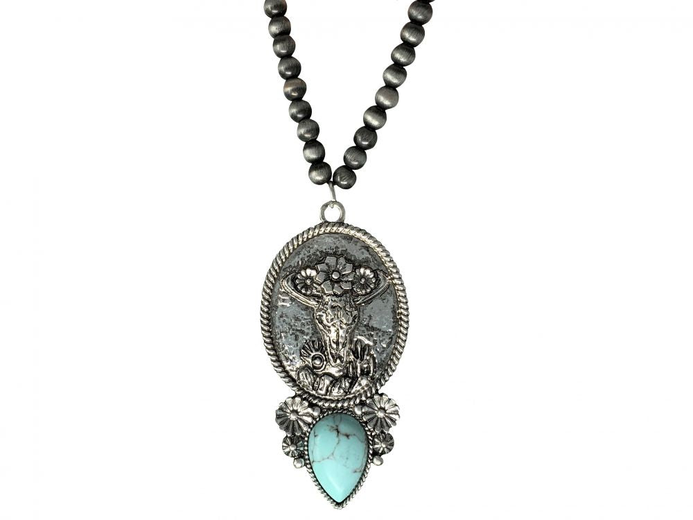 Grey Beaded Necklace w/Cow Skull Charm