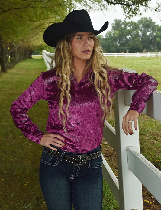 Cowgirl Tuff Pullover Button Up Shiny Jazzberry Snakeskin Shirt