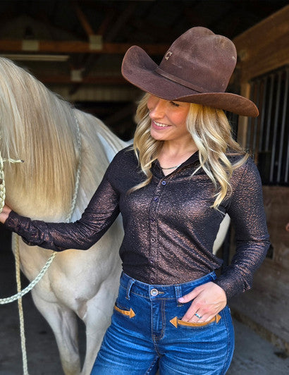 Cowgirl Tuff Pullover Button Up Brown Shimmer Shirt