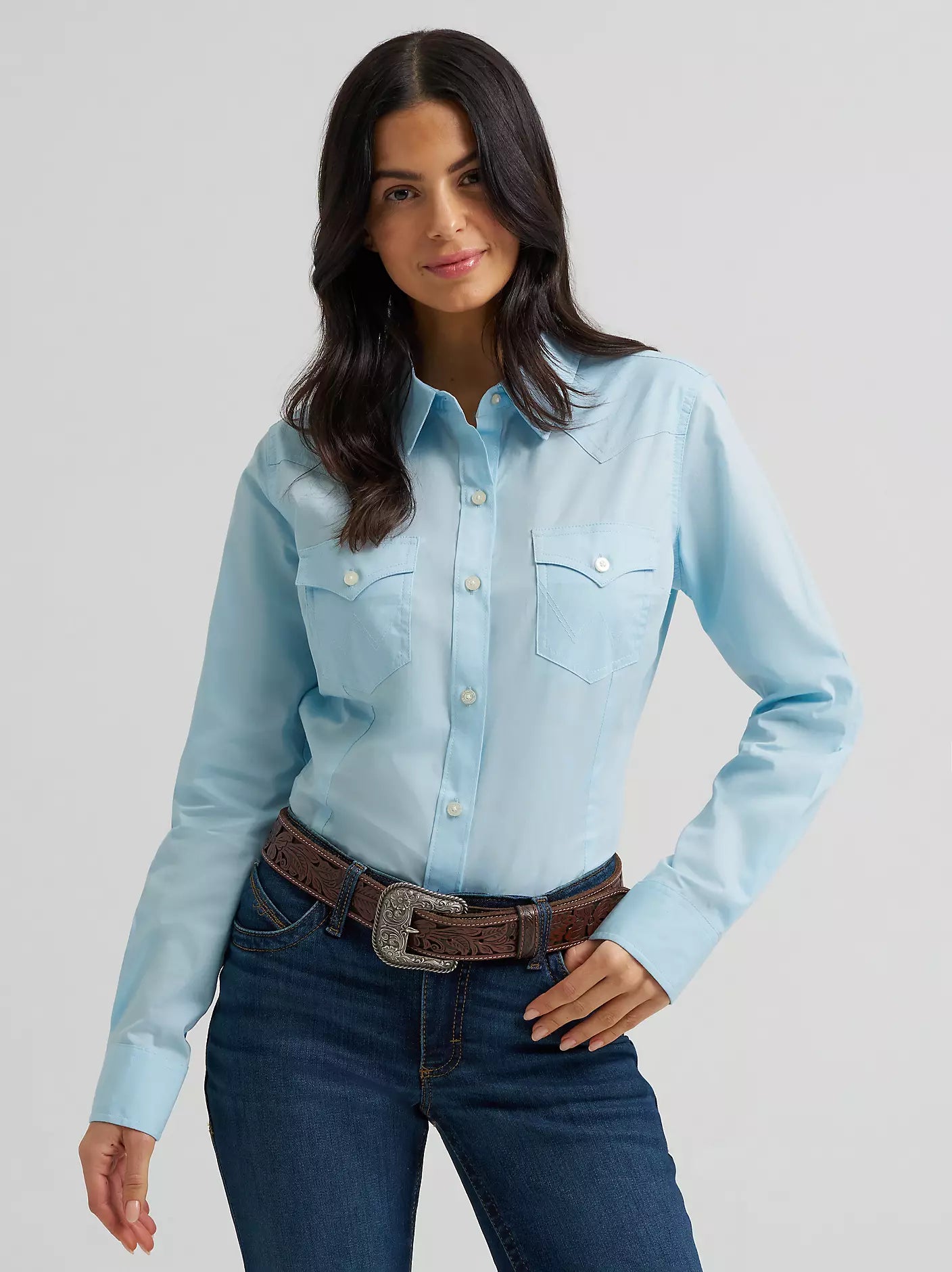 Wrangler Ladies Long Sleeve Button Up- Baby Blue