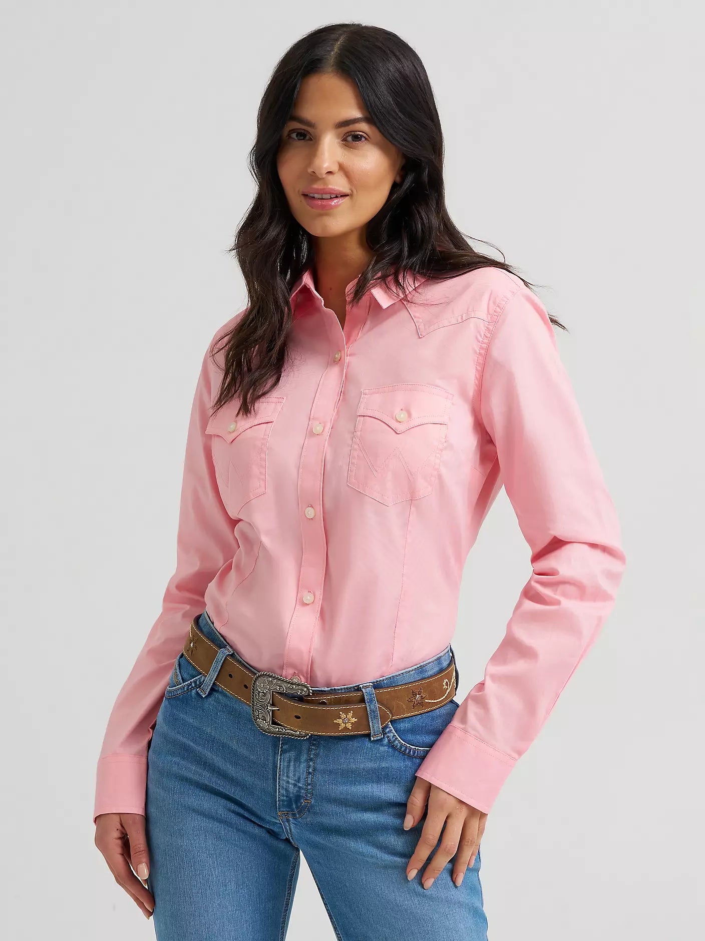 Wrangler Ladies Long Sleeve Button Up- Pink