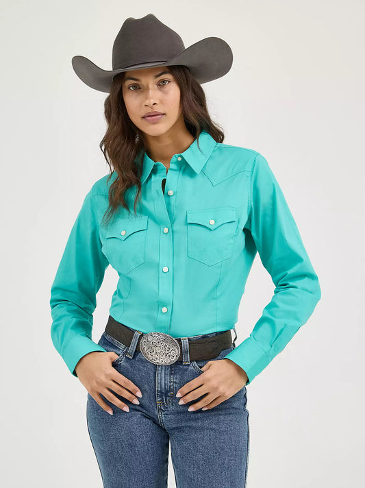 Wrangler Ladies Long Sleeve Button Up-Turquoise