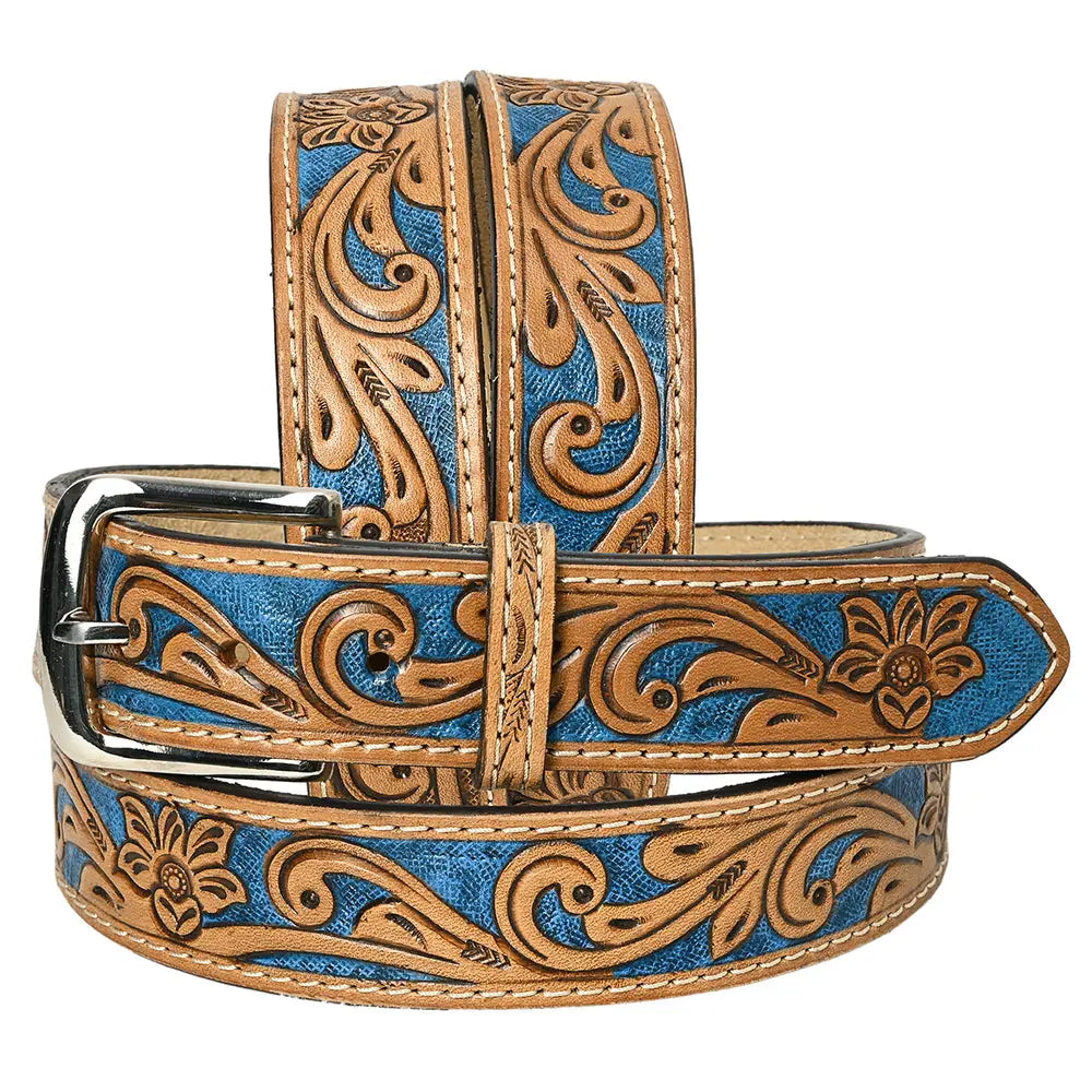 Floral Tooled Belt with Blue Inlay