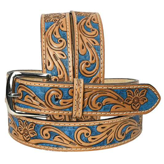 Ceinture à motif floral et incrustations bleues