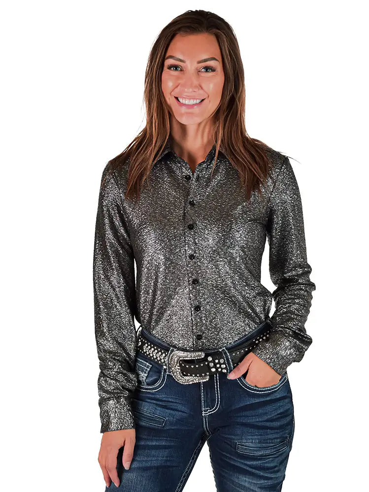 Cowgirl Tuff Chrome Shimmer Over Black Pullover Button Up