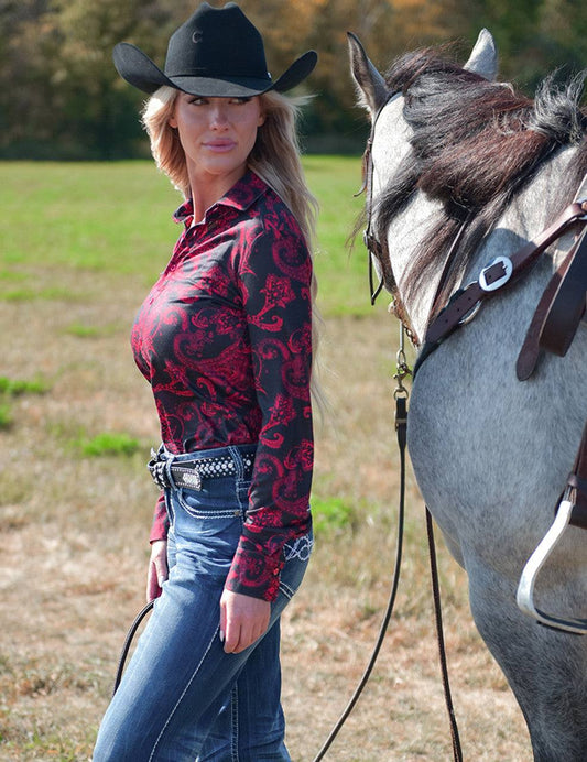 Pullover Button Up- Black with Red Paisley