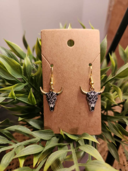 Bull Skull Earrings- Black Lace Aztec
