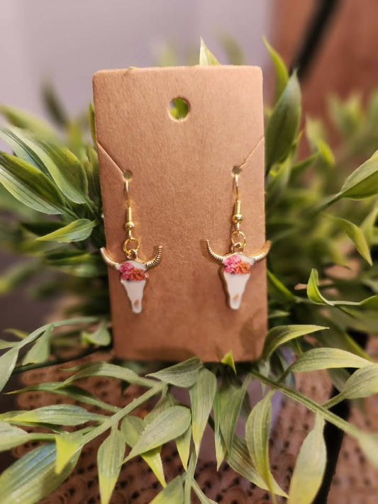 Bull Skull Earrings- Peonies