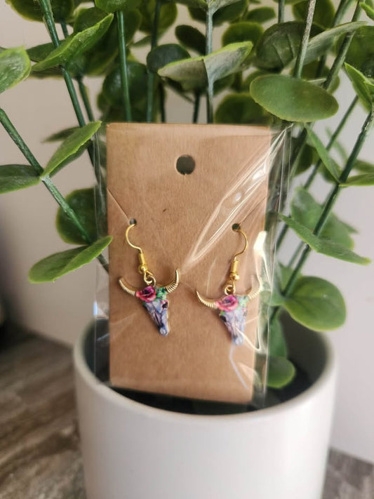 Bull Skull Earrings- Flower Skull