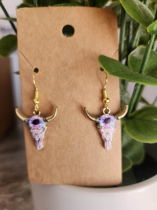 Bull Skull Earrings- Purple Flower Carved Skull