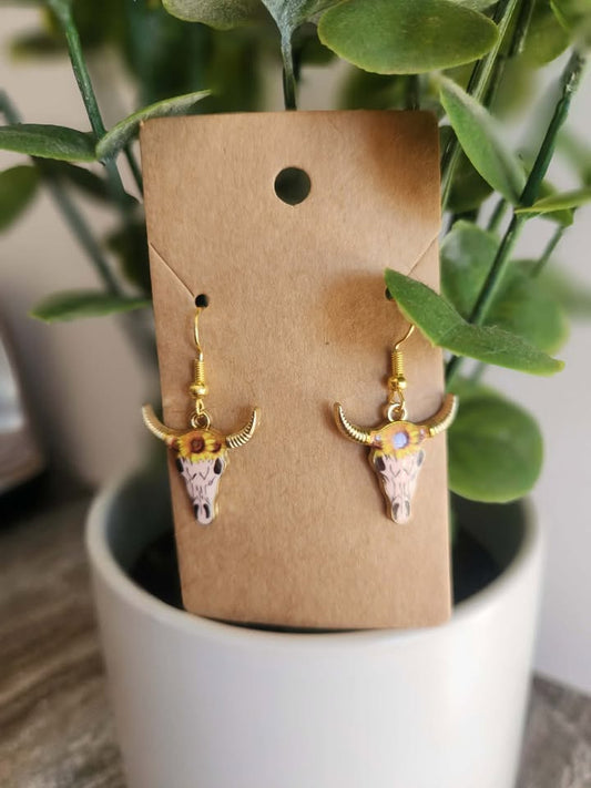 Bull Skull Earrings- Sunflower Carved Skull