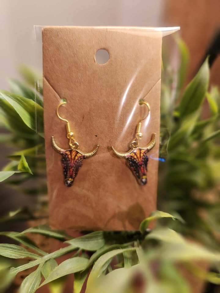 Boucles d'oreilles tête de taureau - Tête de mort mexicaine jaune/bleue