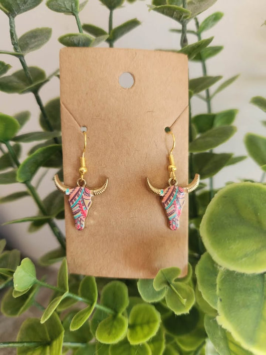 Bull Skull Earrings- Peach/Turquoise Aztec