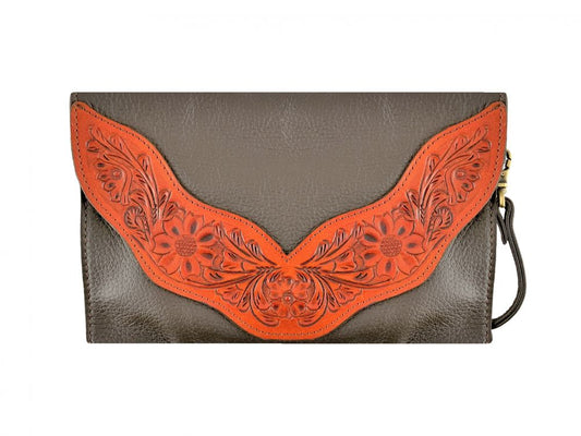 Klassy Cowgirl Leather Crossbody Bag w/Medium Oil Floral Tooled Accents