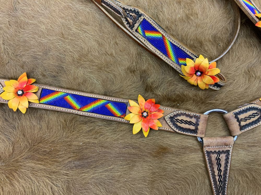 Rainbow Beaded Set w/3D Painted Flower Accents