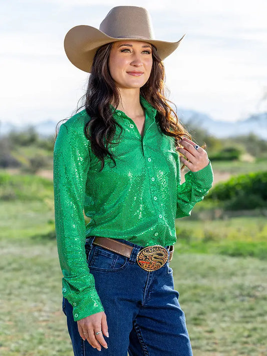 Cowgirl Tuff Bright Green Sequin Pullover Button Up