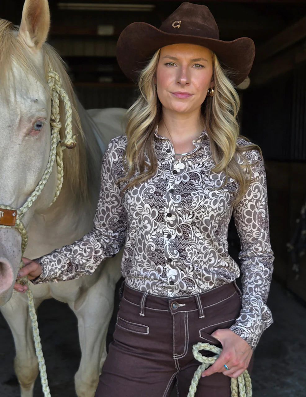 Pull-over Cowgirl Tuff marron et crème à boutons