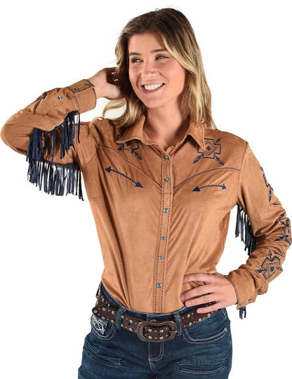 Pull en daim beige à franges bleues style cowgirl