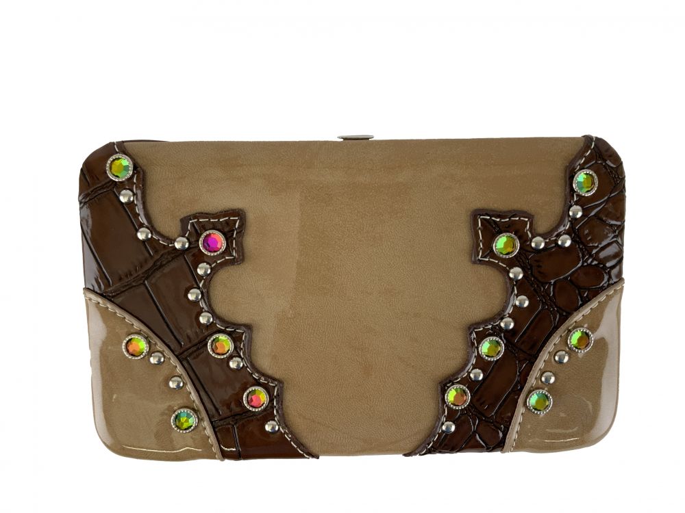 Tan Clamshell Wallet w/Brown Gator Skin Accents