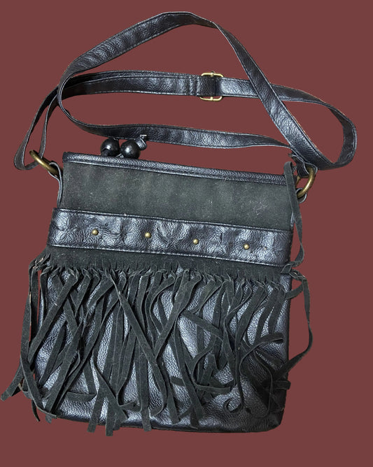 Black Leather Handbag with Tassles
