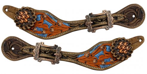 Ladies Spur Strap Handpainted Orange/Blue with Copper Hardware