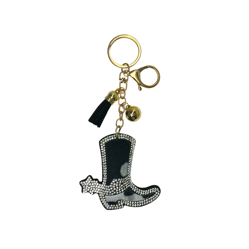 Porte-clés botte de cowboy en cuir de vachette orné de strass et de paillettes