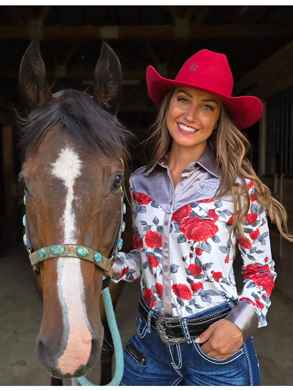 Red/White Roses Pullover Button Up