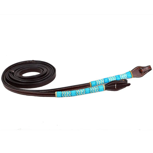 Rênes fendues tressées en cuir brut turquoise de 2,4 m