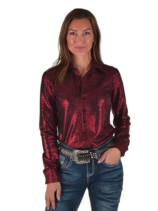 Red Shimmer Over Black Pullover Button Up