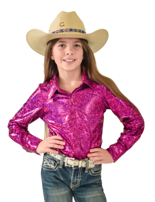 Girls Cowgirl Tuff Pullover Button Up Hot Pink Metallic Shirt