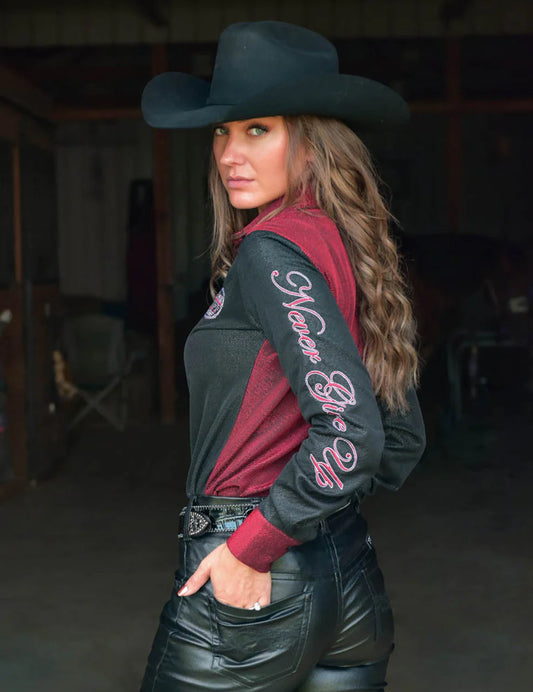 Cowgirl Tuff Pullover Button Up "Never Give Up"