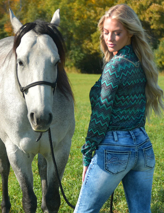 Cowgirl Tuff Pullover Button Up Green & Grey Chevron Print Shirt
