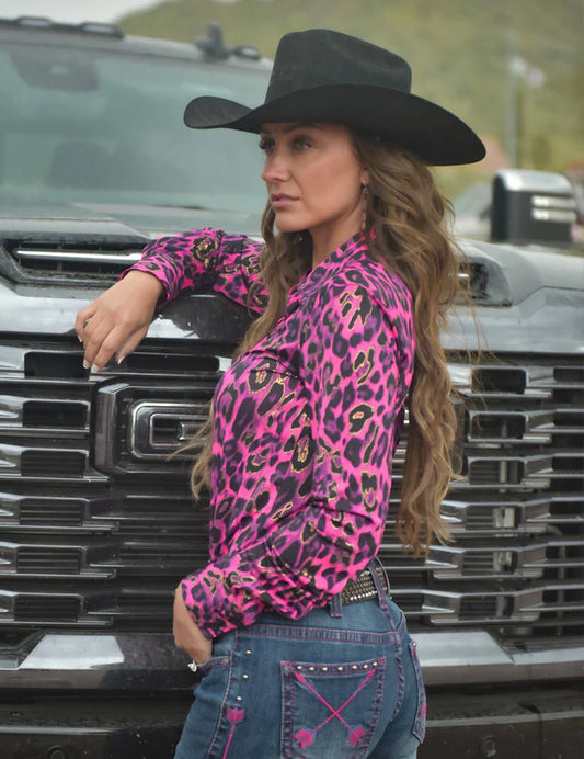 Cowgirl Tuff Pullover Button Up Hot Pink Leopard Shirt