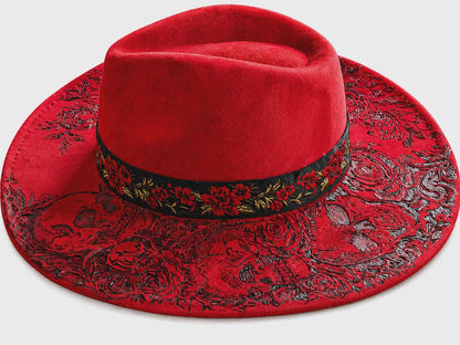 Hand Burned Skulls & Roses Hat