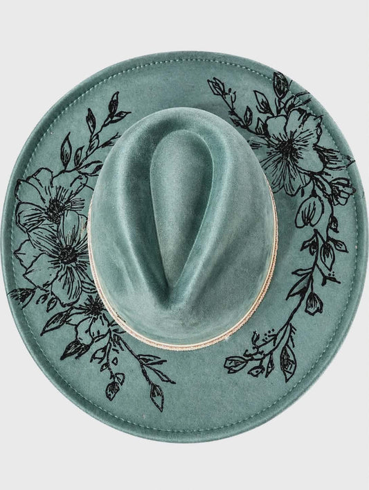 Hand Burned Teal Floral Hat