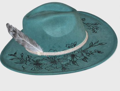 Hand Burned Teal Floral Hat